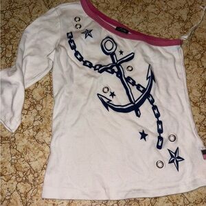 Vintage Y2K Top Off The Shoulder 2000s T Shirt Pink White Self Esteem Small